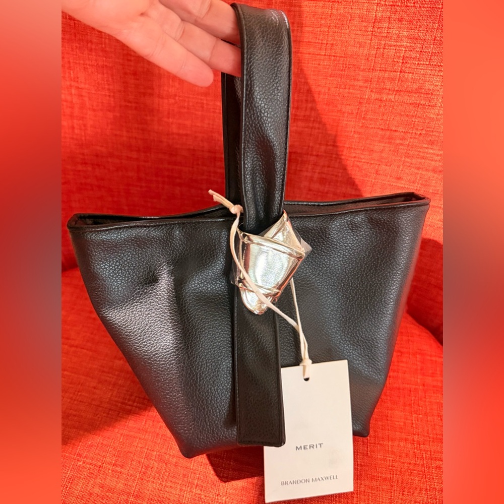 Merit X Brandon Maxwell Black Vegan Leather‎ Mini Bag Handbag Metal Knot - Picture 6 of 12